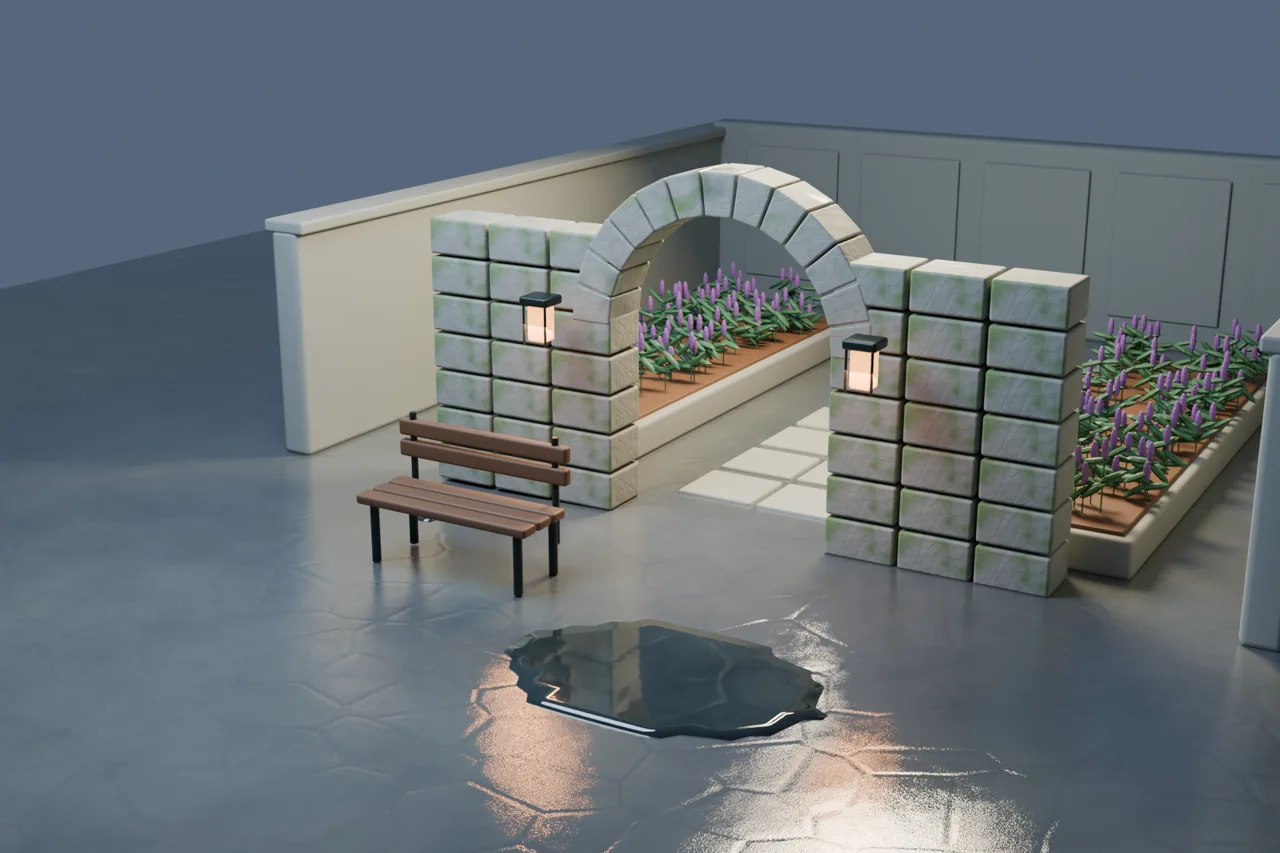 A stone garden arch, planted borders and a bench reflected in a courtyard puddle