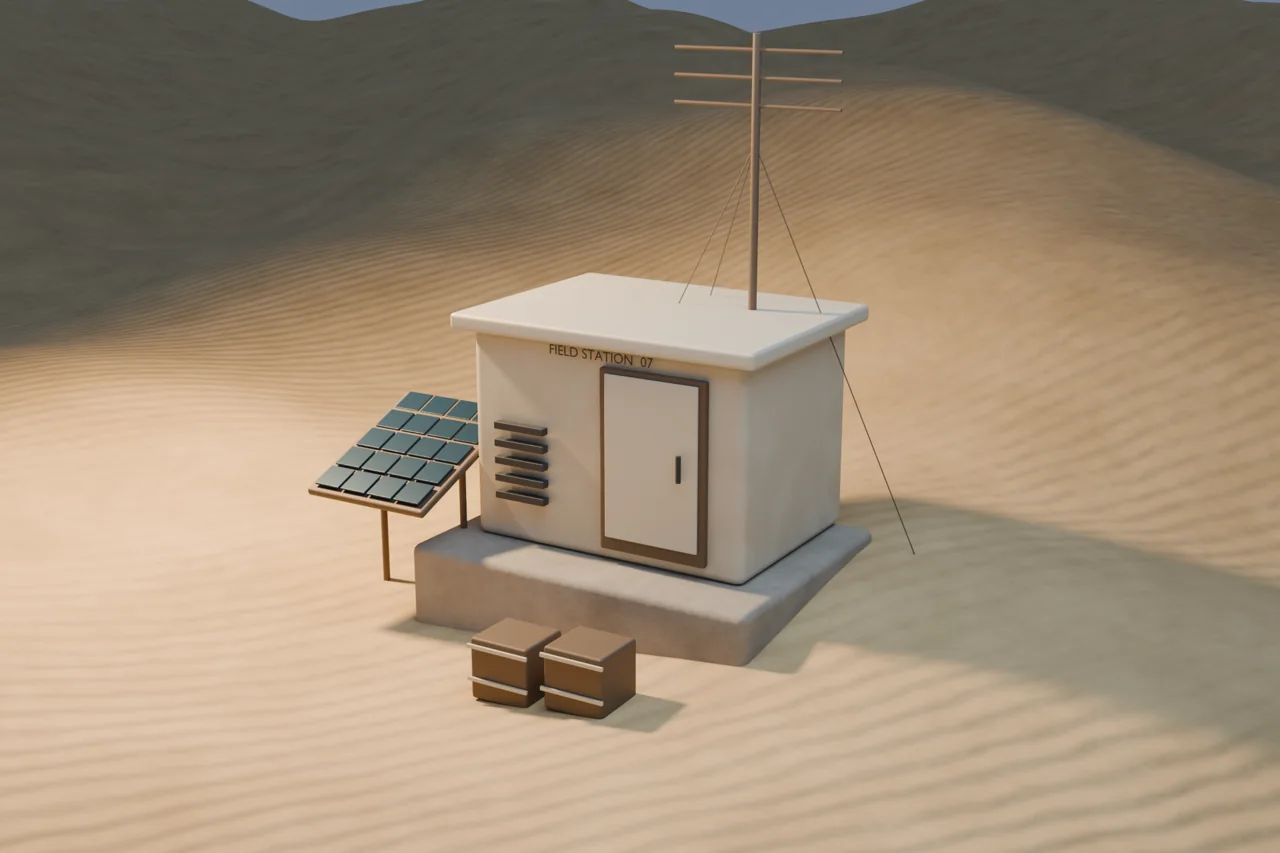 A small solar-powered field station surrounded by rippled sand