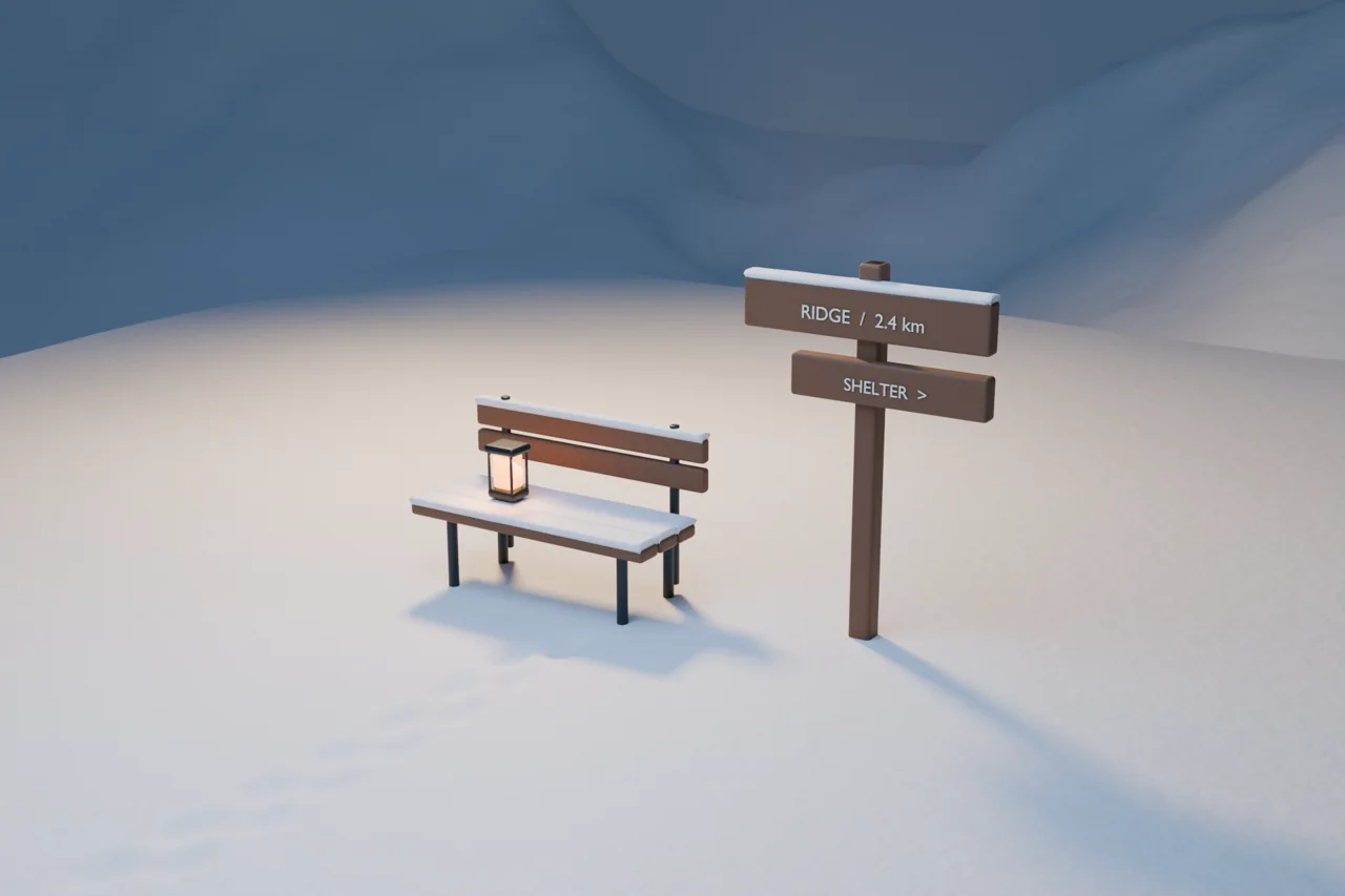 A snow-covered bench and trail sign beside a warm lantern
