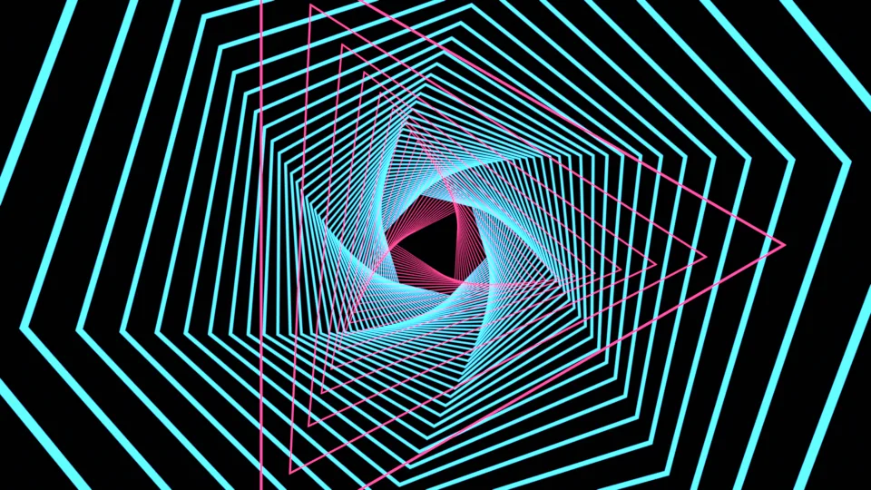 Cyan polygon rings and pink triangular forms making a twisting tunnel